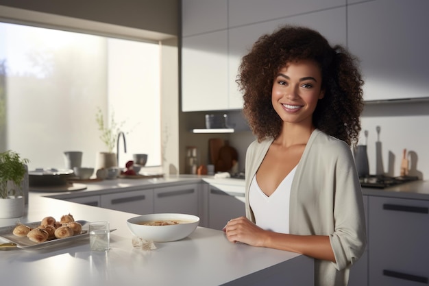 Happy woman in modern kitchen with breakfast at apartment