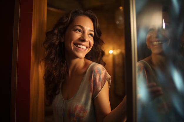 Happy woman opens door to welcome neighbor in the morning