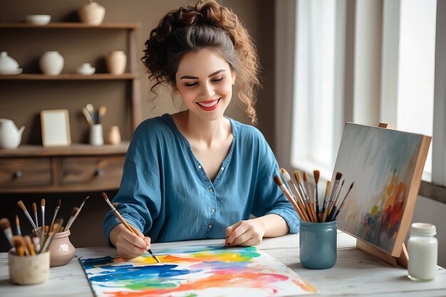 The happy woman painting a picture with a brush on the table