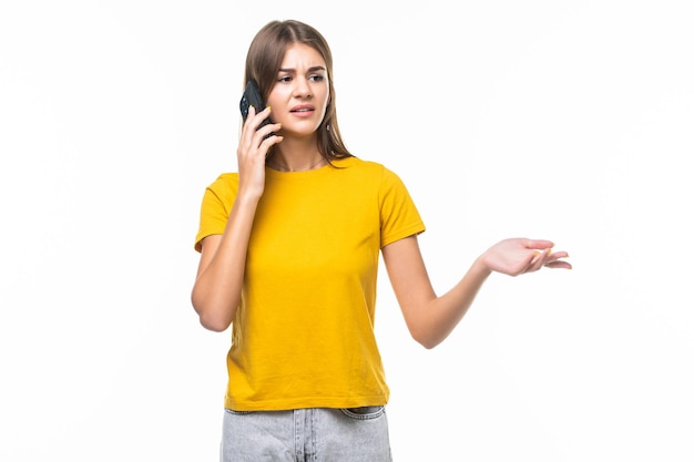 Happy woman phone talking. Face with toothy smile, isolated on white