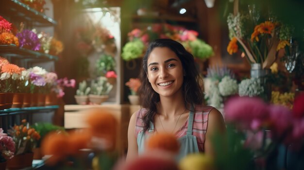 花の店に立っている幸せな女性の写真