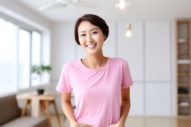 A happy woman in a pink Tshirt with a ribbon