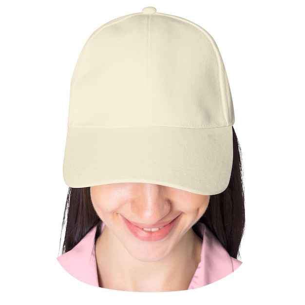 透明な背景にベージュのキャップをかぶった幸せな女性png