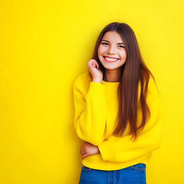 Happy woman pointing up