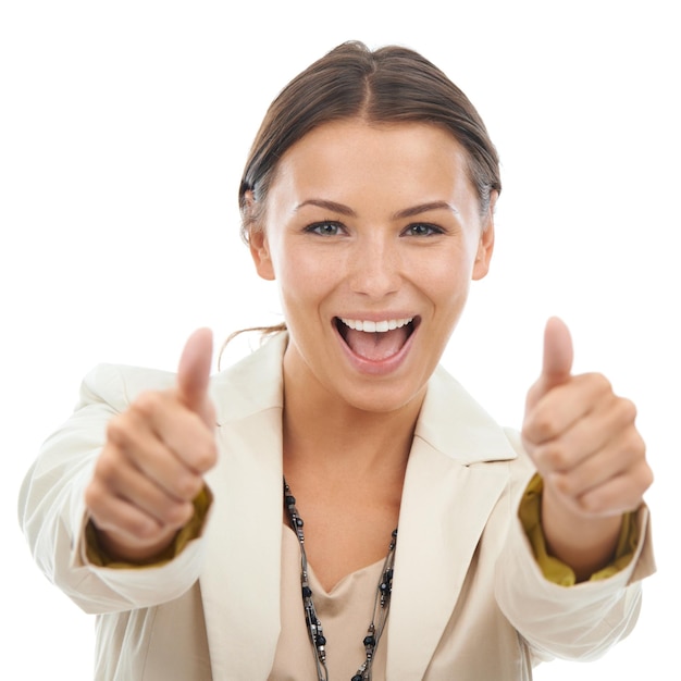 Photo happy woman portrait and thumbs up for success thank you or business on a white studio background face of young female person or employee smile with like emoji yes sign or ok for great winning