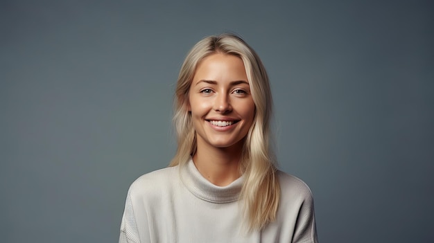 Happy woman posing in studio with solid background copy space gradient