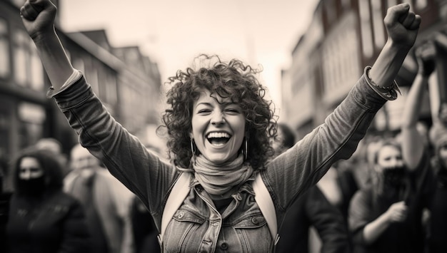 Happy woman protester raising fist in crowd human rights activism concept