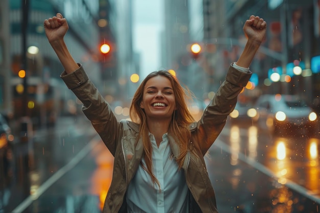 Foto una donna felice ha alzato le mani per festeggiare il successo e godersi la pioggia all'aperto.