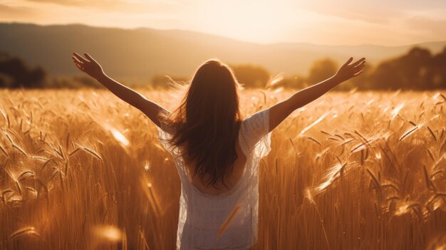Foto una donna felice alza le mani in un campo rurale la mattina al sole