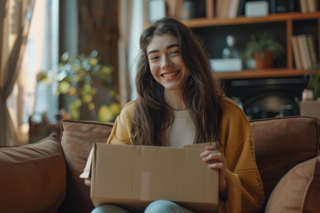 Photo happy woman receives quick delivery of online purchase