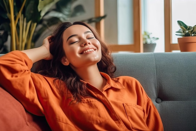 Foto donna felice che si distende sul divano di casa ragazza sorridente che si gode il giorno libero sdraiata sul divano sano