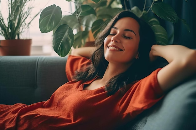 Photo happy woman relaxing on the sofa at home smiling girl enjoying day off lying on the couch healthy