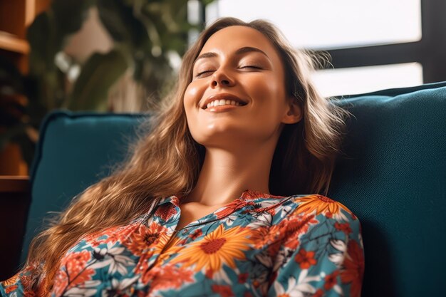 Happy woman relaxing on the sofa at home Smiling girl enjoying day off lying on the couch