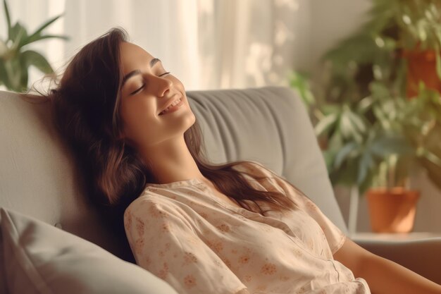 Happy woman relaxing on the sofa at home Smiling girl enjoying day off lying on the couch