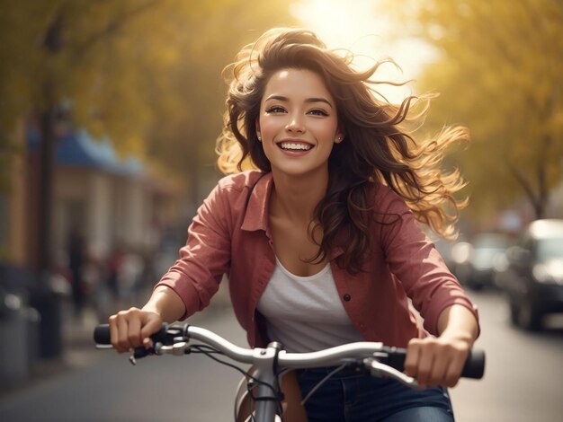 Foto donna felice in bicicletta