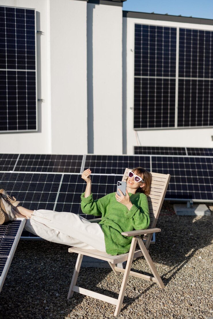 Photo happy woman on rooftop with a solar station