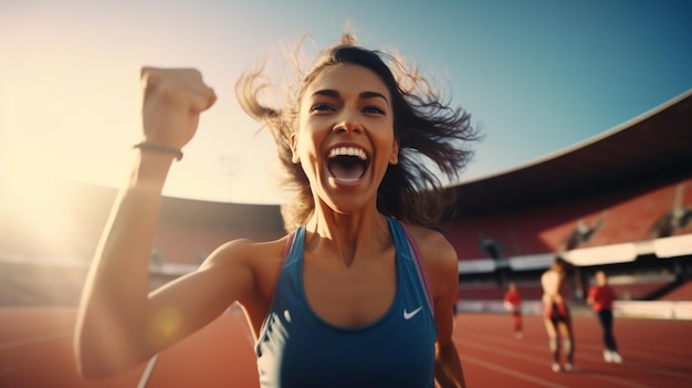 Happy woman running and winning by the finish line in a competition