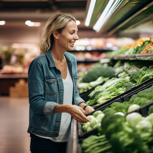 Счастливая женщина покупает свежие овощи в продуктовом магазине