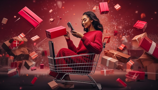 Счастливая женщина делает покупки по телефону Черная пятница скидка интернет-магазины
