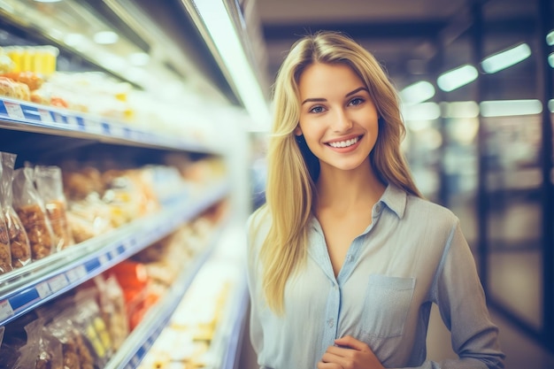 Happy woman shopping in supermarket AI Generative