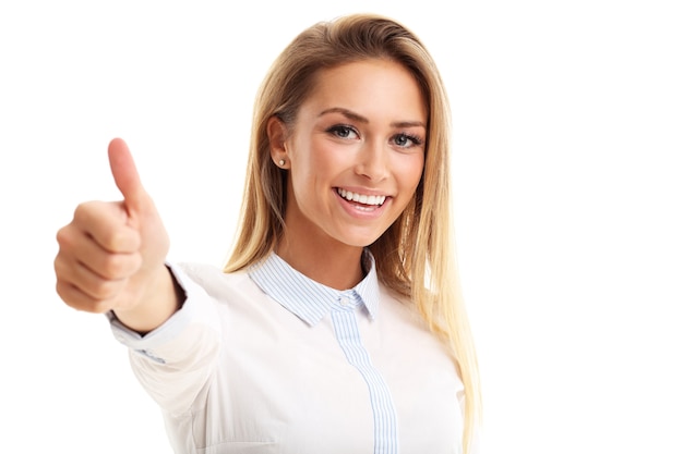 happy woman showing ok sign over white background