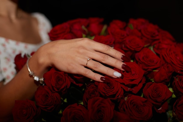 Happy Woman Shows Engagement Ring After Proposal