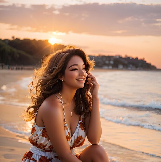 Foto donna felice seduta sulla spiaggia con i capelli che scorrono