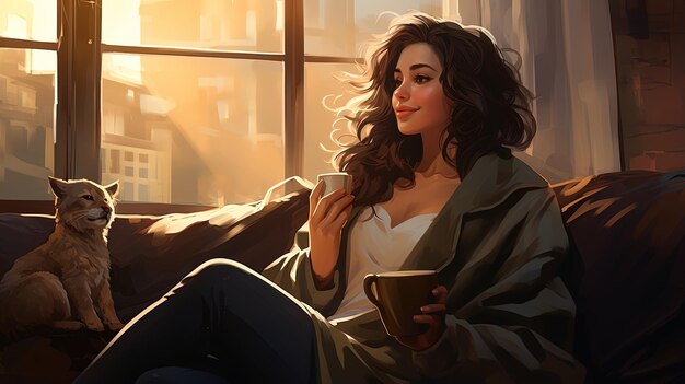 행복한 여자가 소파에 앉아 커피 한 잔을 가진 회색 담요로 여 있습니다.