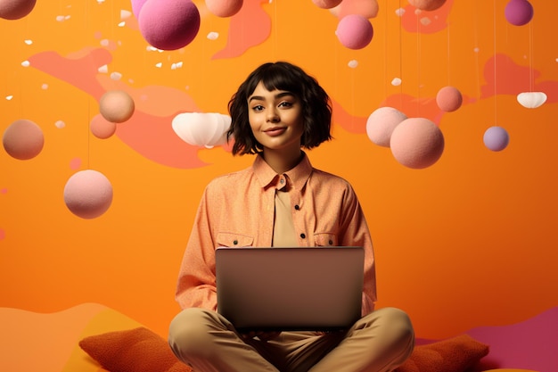 패션 스타일의 밝은 색상 배경에 노트북을 들고 앉아 있는 행복한 여성