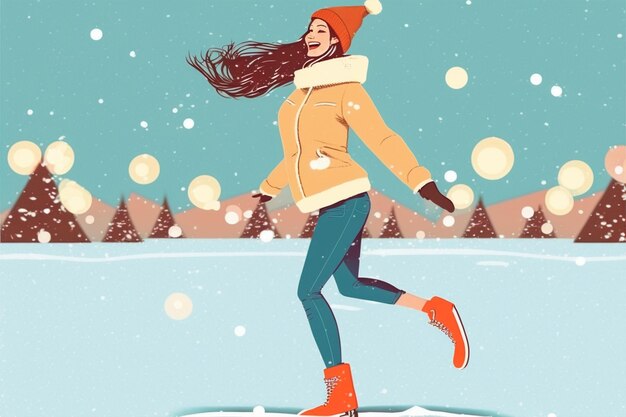 雪で滑る幸せな女性 フラットベクトルイラスト ジェネレーティブ Ai