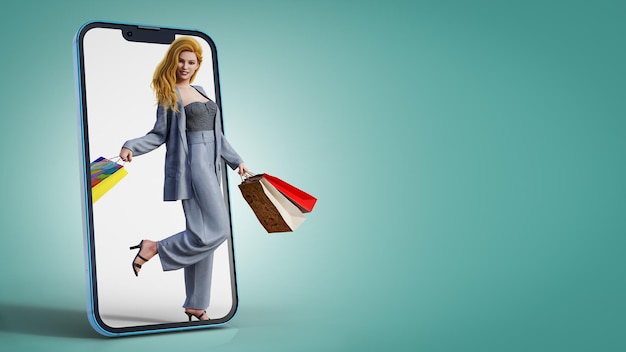 Donna felice in uno smartphone che cammina e tiene in mano molte borse della spesa concetto di shopping online 3d illustrazione