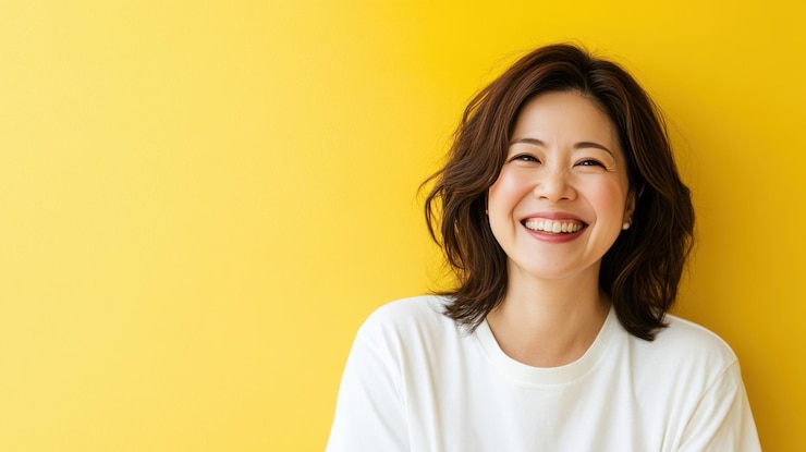 Photo 노란색 배경 에 미소 짓는 행복 한 여자