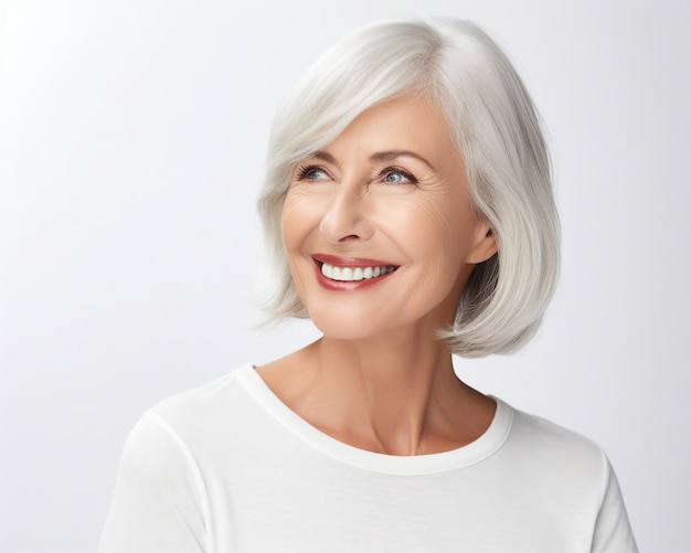 Photo happy woman smiling brightly infront of a white background isolated