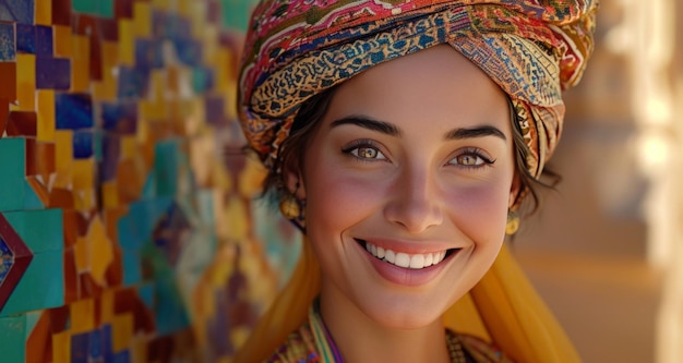 a happy woman smiling in a colorful turban near colorful wall