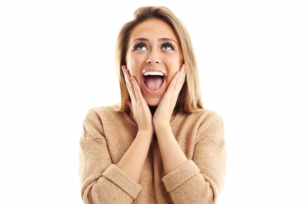 happy woman smiling isolated over white background