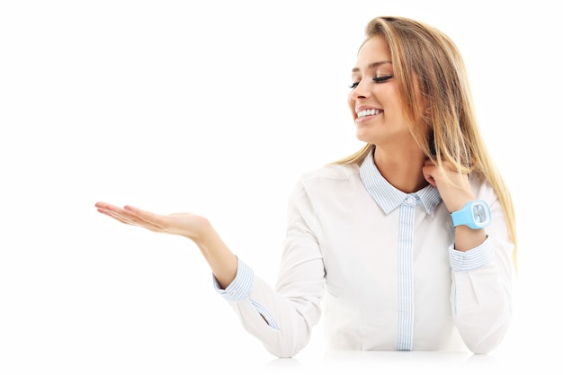 happy woman smiling isolated over white background