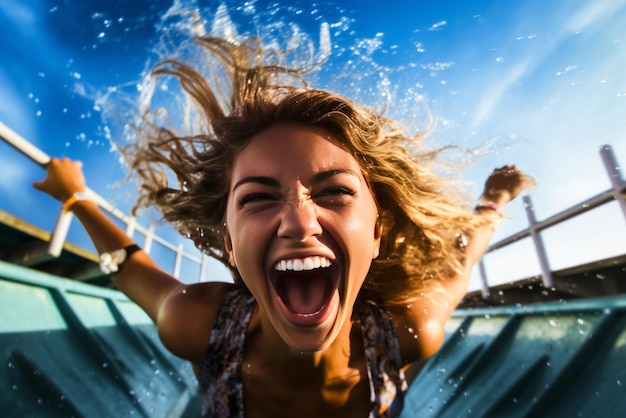 Happy woman splashing into a waterslide at aqua park for summer vacation generative ai illustration of summer fun vacation