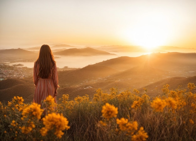 Happy woman standing on sunset in nature