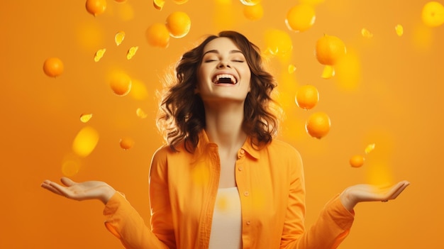Foto donna felice in piedi su sfondo tangerine