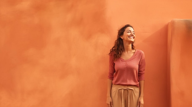 Happy woman standing on terracotta background