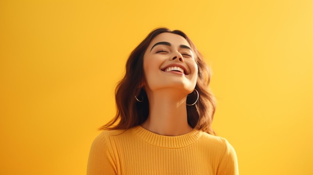 Happy woman standing on yellow background