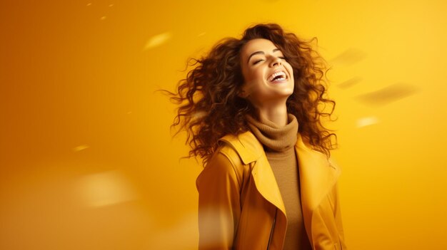 happy woman standing on Yellow background