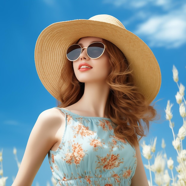 Happy woman in straw hat sunglasses and sundress on blue background