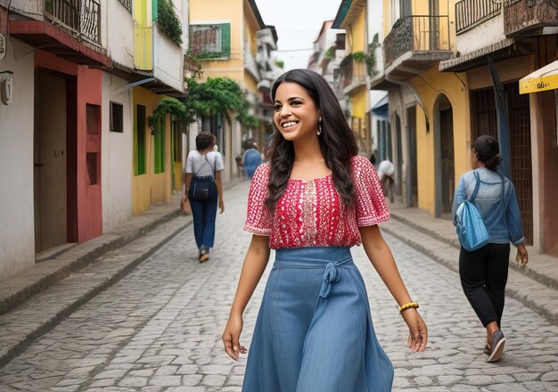 Photo happy woman on the street