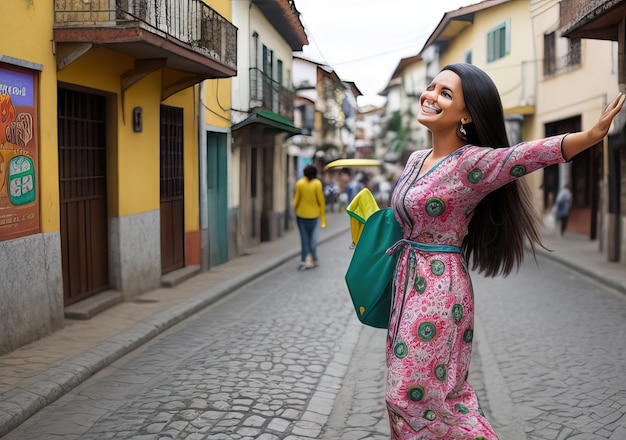 Foto donna felice per strada