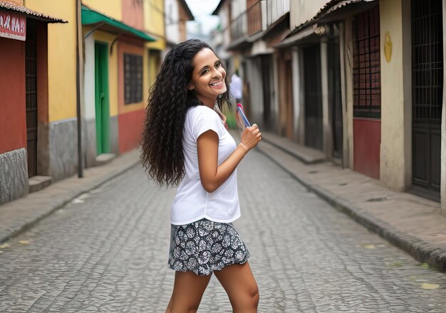 Photo happy woman on the street