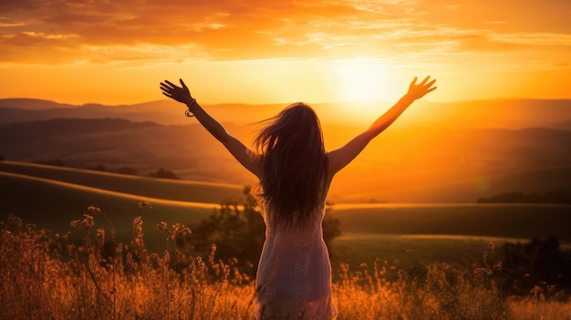 Foto donna felice al tramonto in natura in estate con le mani aperte