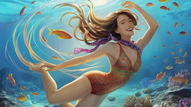 Happy woman swimming underwater