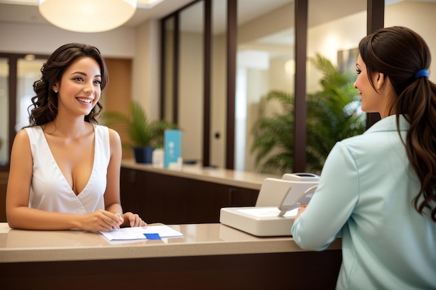 Happy woman talking to a receptionist