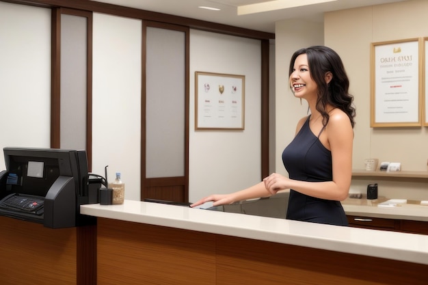 Photo happy woman talking to a receptionist